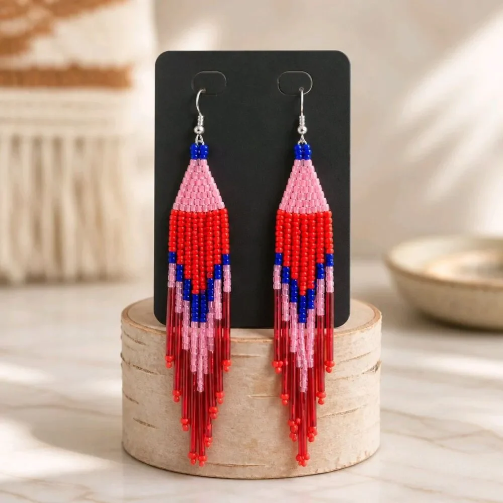 Southwest Colorful Red Pink Blue Tassel Seed Beads Long Earrings